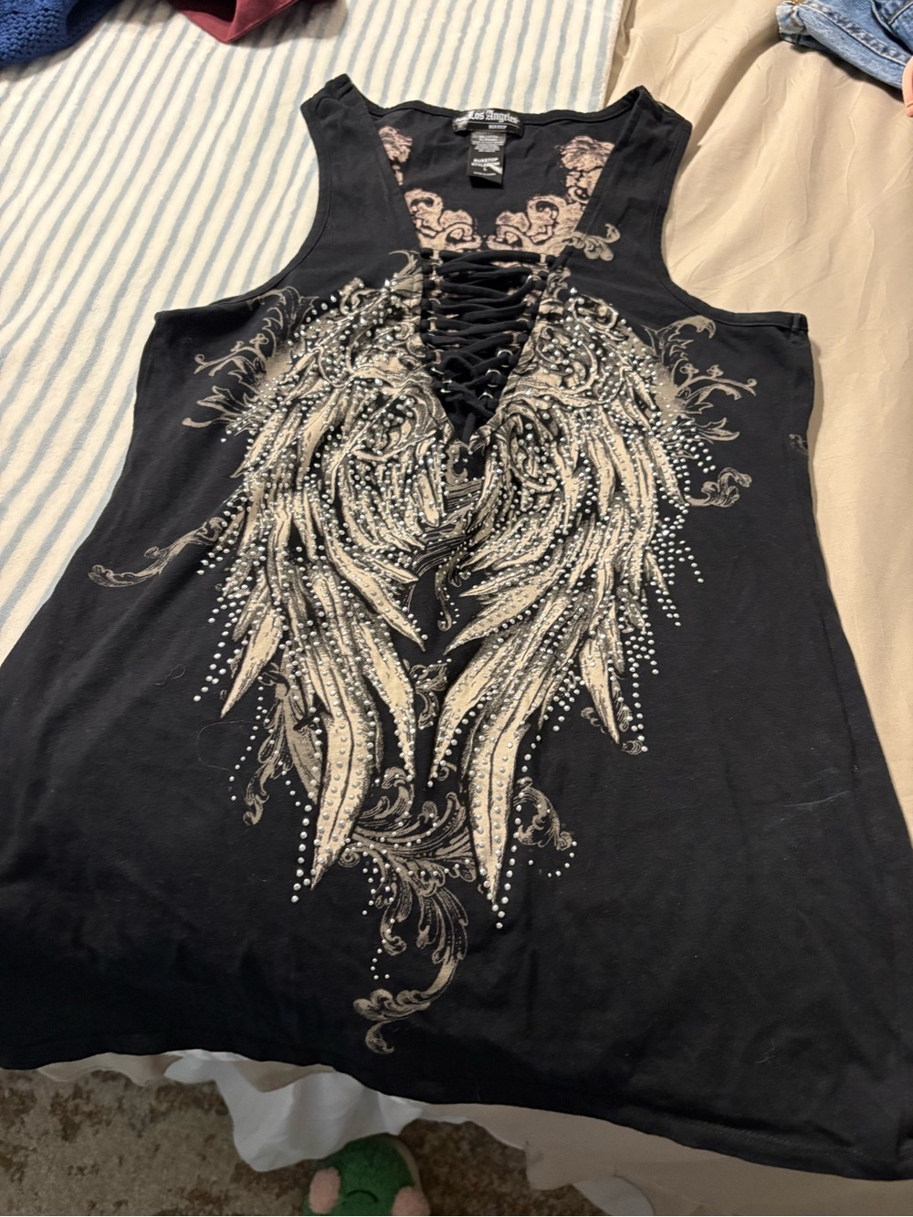 Lace-Up Wing Graphic Black Tank Top